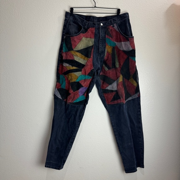 Vintage Machine Jeans Denim Colorblock Suede Patchwork 90s Pants Size 38X34 - Picture 1 of 13